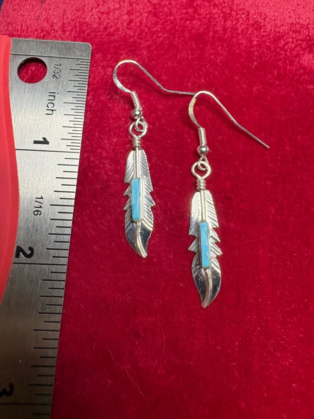 Earrings Handcrafted Native American Sterling Silver Feather Turquoise Dangle - Picture 5 of 9